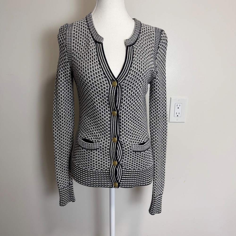 Banana Republic Nautical Birdseye Knit Cardigan Navy White Womens XS Gold Button